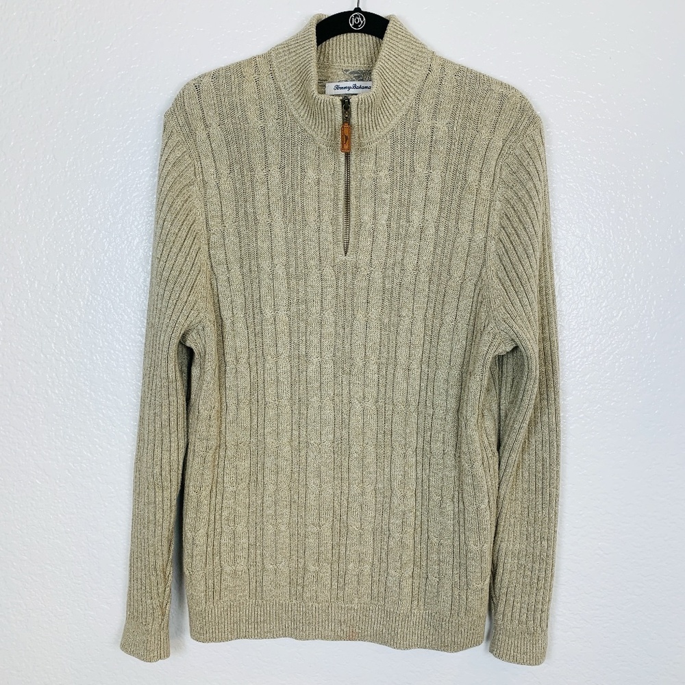 Tommy Bahama Sweater Mens Medium Tan Beige Cable‎ Knit Fisherman Preppy 1/4 Zip